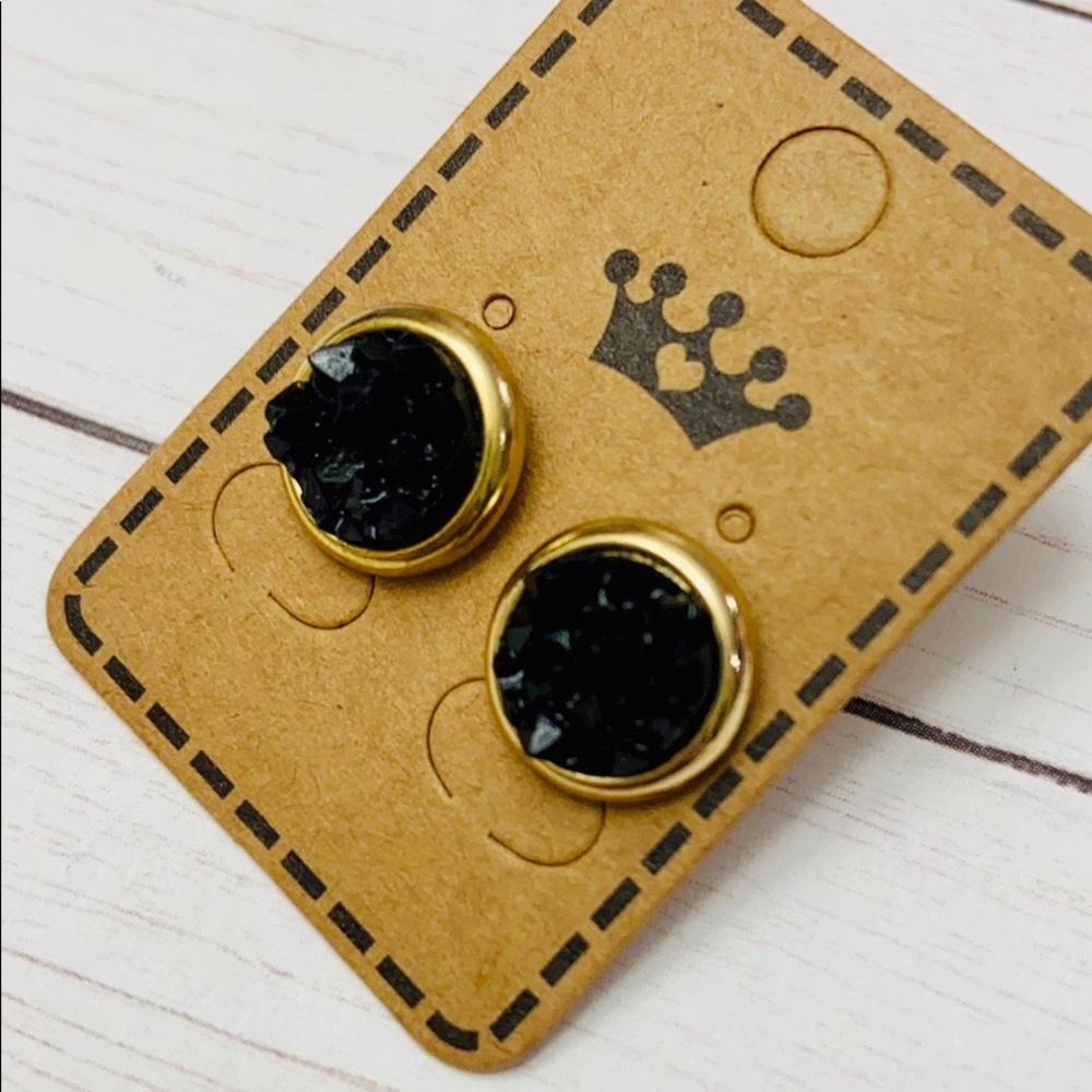 black druzy earrings NEW, gold detail, round, minimalist jewelry